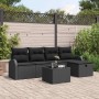 Schwarzes 6-tlg. vidaXL Garten-Sofa-Set aus Poly Rattan mit Kissen und Tisch.