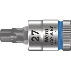 Wera Steckschlüsseleinsatz T27 TORX, matt verchromt, mit blauer Markierung und Haltefunktion.