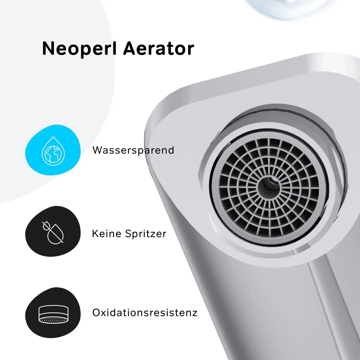 Detailaufnahme des Neoperl Aerators einer AM.PM Waschtischarmatur, Chrom, mit Hinweisen zu Wassersparen, Spritzschutz und Oxidationsresistenz.
