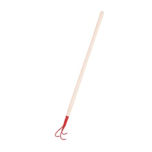 Galaflor Kindergrubber aus Metall mit Holzstiel, roter Gerätekopf mit 3 Zinken.