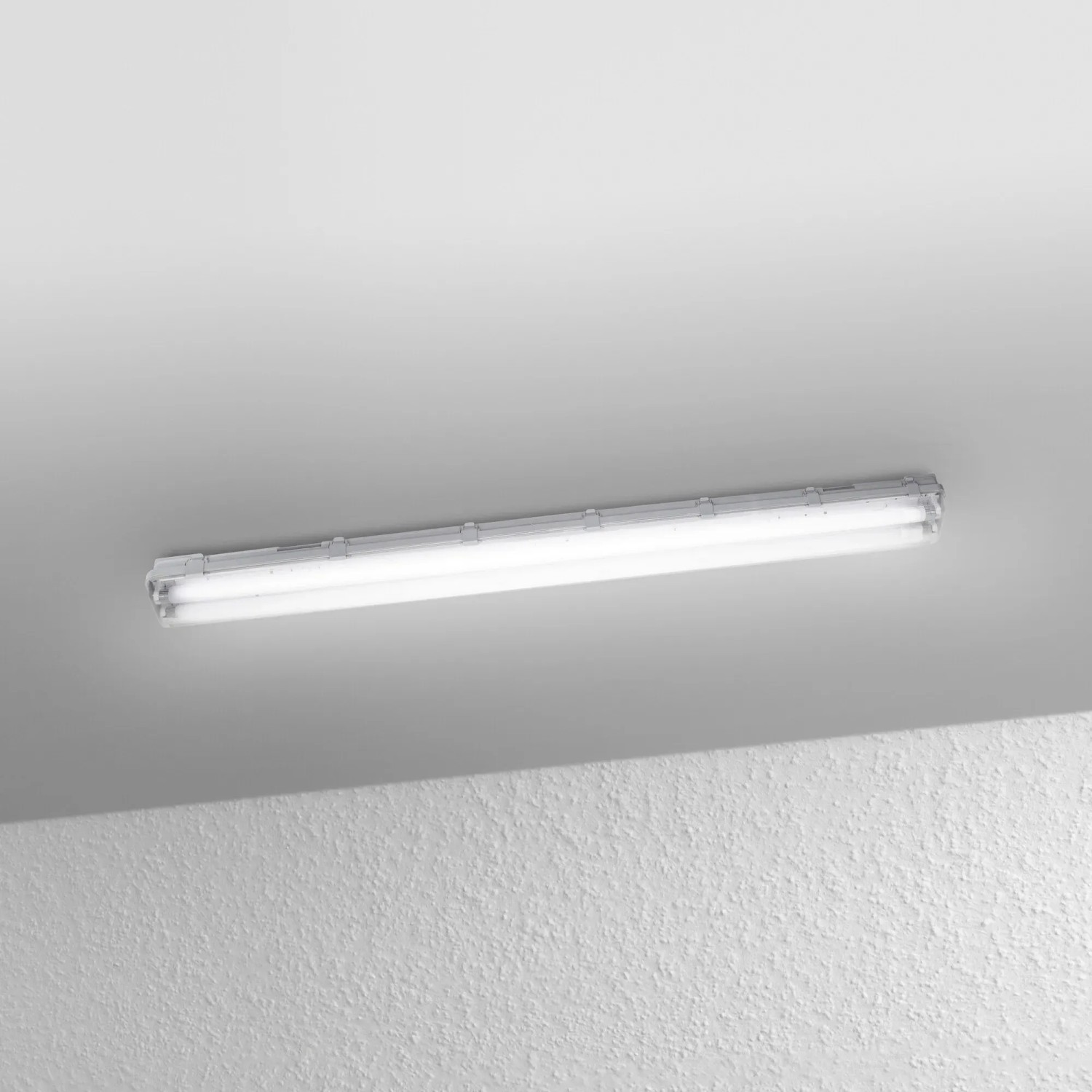 Ledvance LED-Feuchtraumleuchte, kaltweiß, montiert an einer Decke.