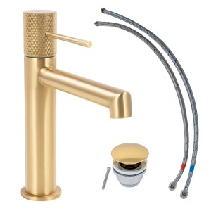 Schöner Wohnen Waschtischarmatur Kadia, mattgold, mit Ablaufgarnitur und Anschlussschläuchen.