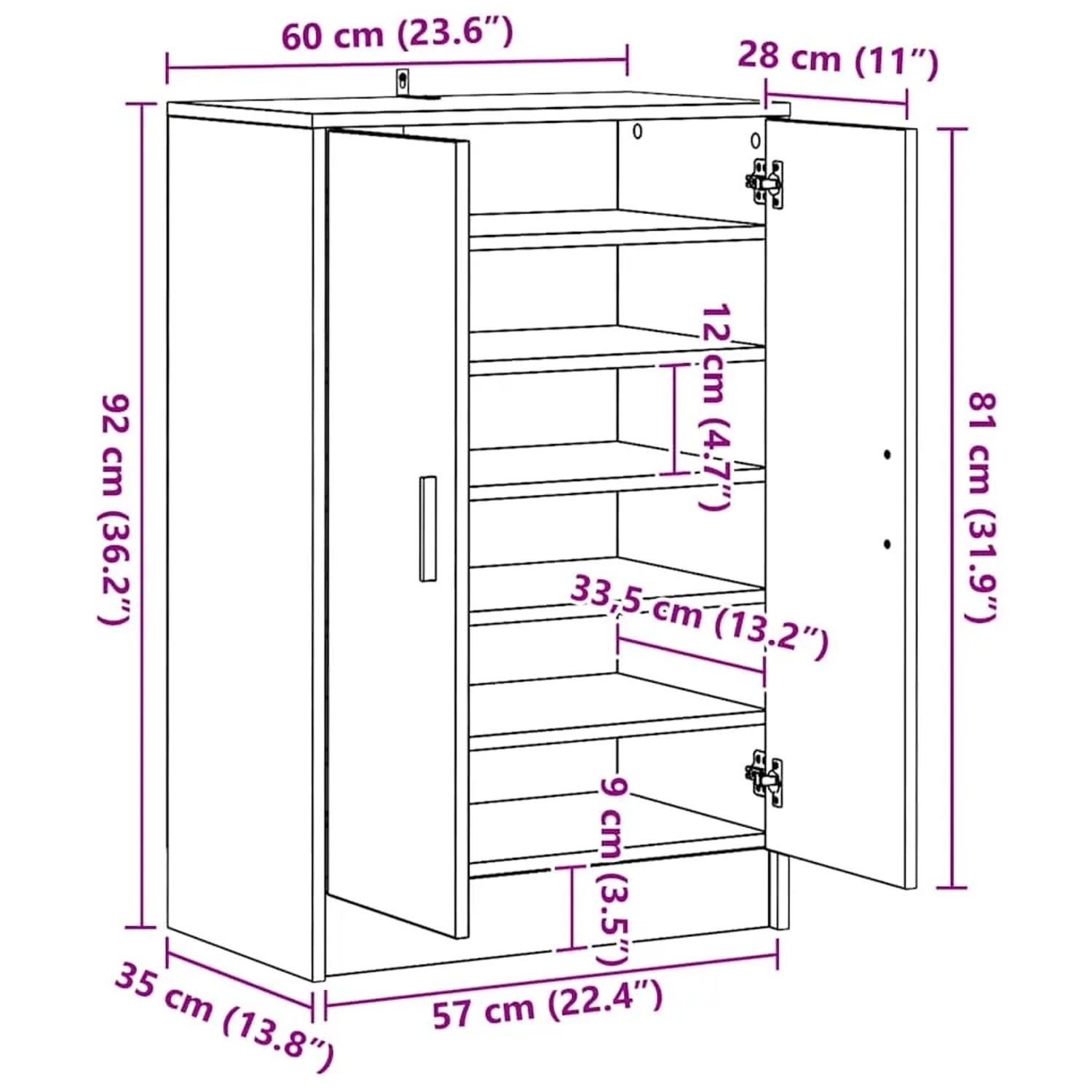 vidaXL Schuhschrank Altholz-Optik, 60x35x92 cm, aus Holzwerkstoff. Schema mit Maßen, zwei Türen, Regalböden.