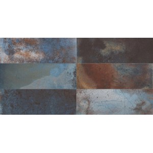 Sechs matte Keramikfliesen in Terracotta-Blau-Farbmischung, 20x40cm, mit V4-Farbvariation für Wandgestaltung.