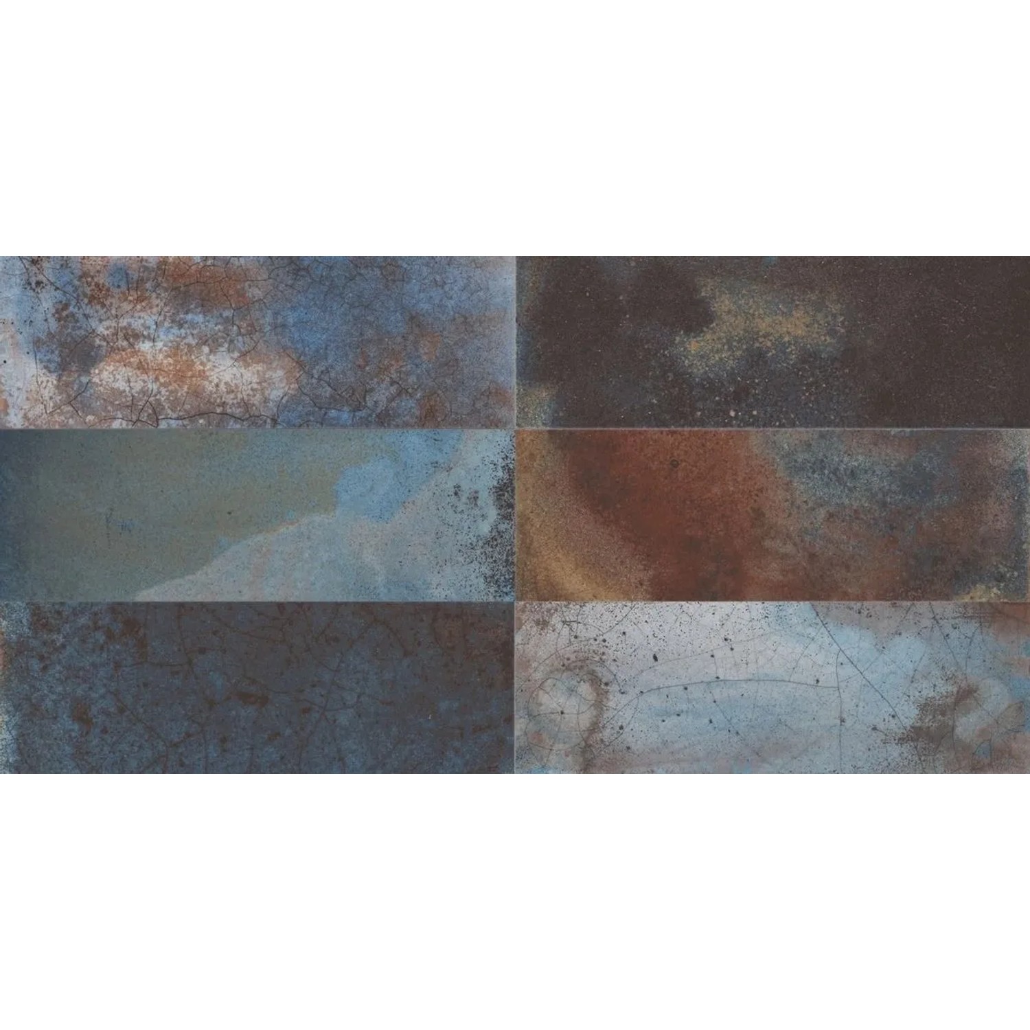 Sechs matte Keramikfliesen in Terracotta-Blau-Farbmischung, 20x40cm, mit V4-Farbvariation für Wandgestaltung.