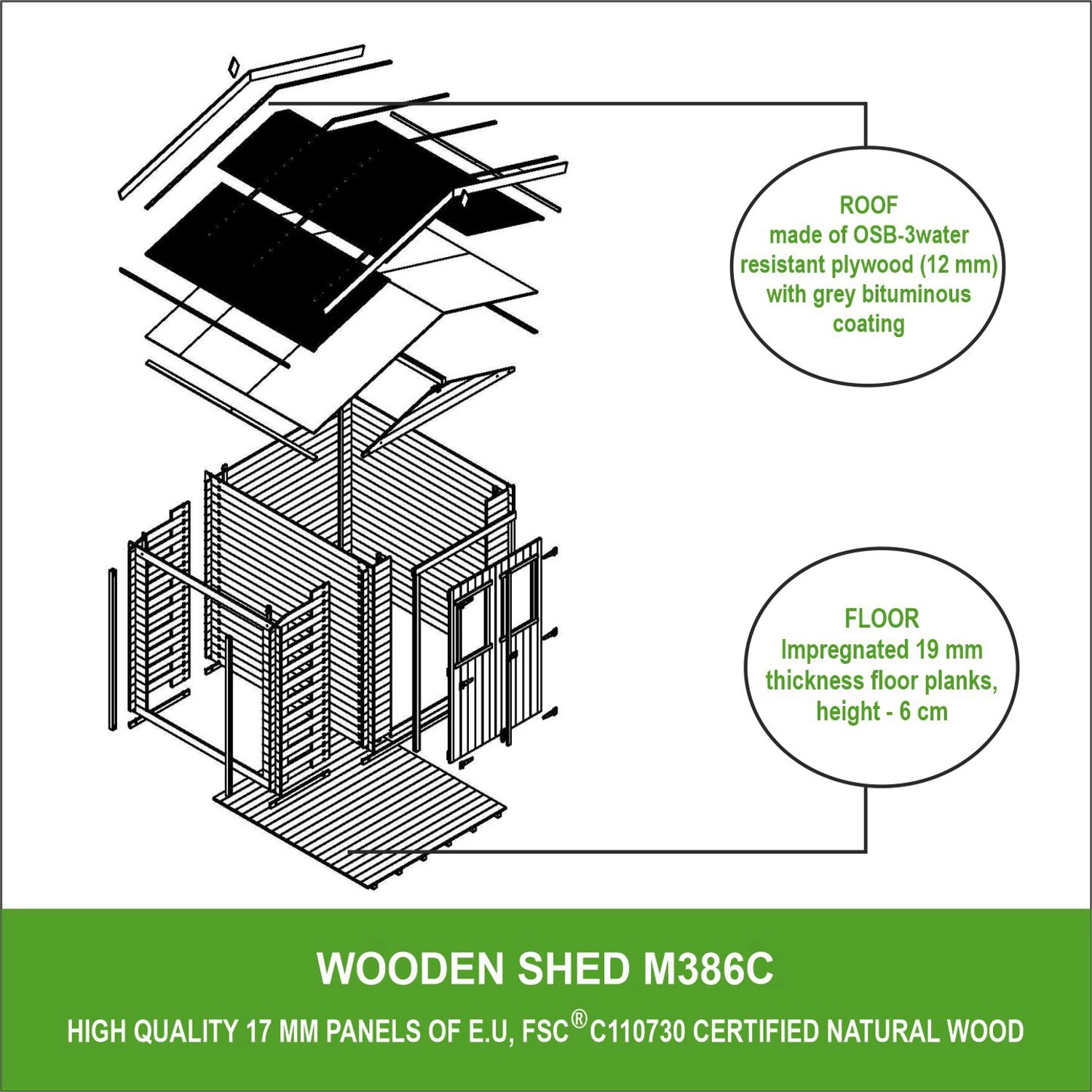 Explosionszeichnung Timbela Holz-Gartenhaus M386C+M386G mit Boden und Brennholzregal, Details zu Dach und Boden.