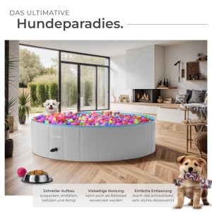 Tectake Hundepool Nele, grau-blau, gefüllt mit bunten Bällen. Rutschfester, faltbarer Pool für Hunde.