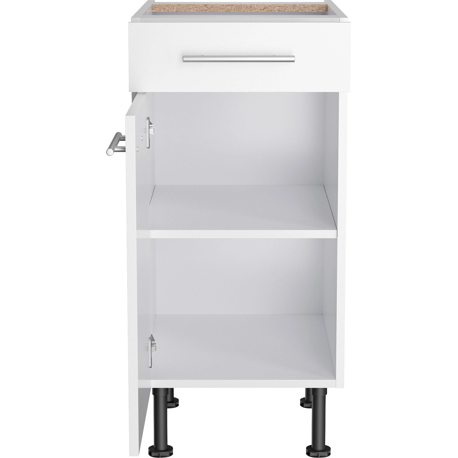 Optifit Unterschrank Bengt932, 40 cm, weiß, mit Schublade, offener Tür und Einlegeboden.