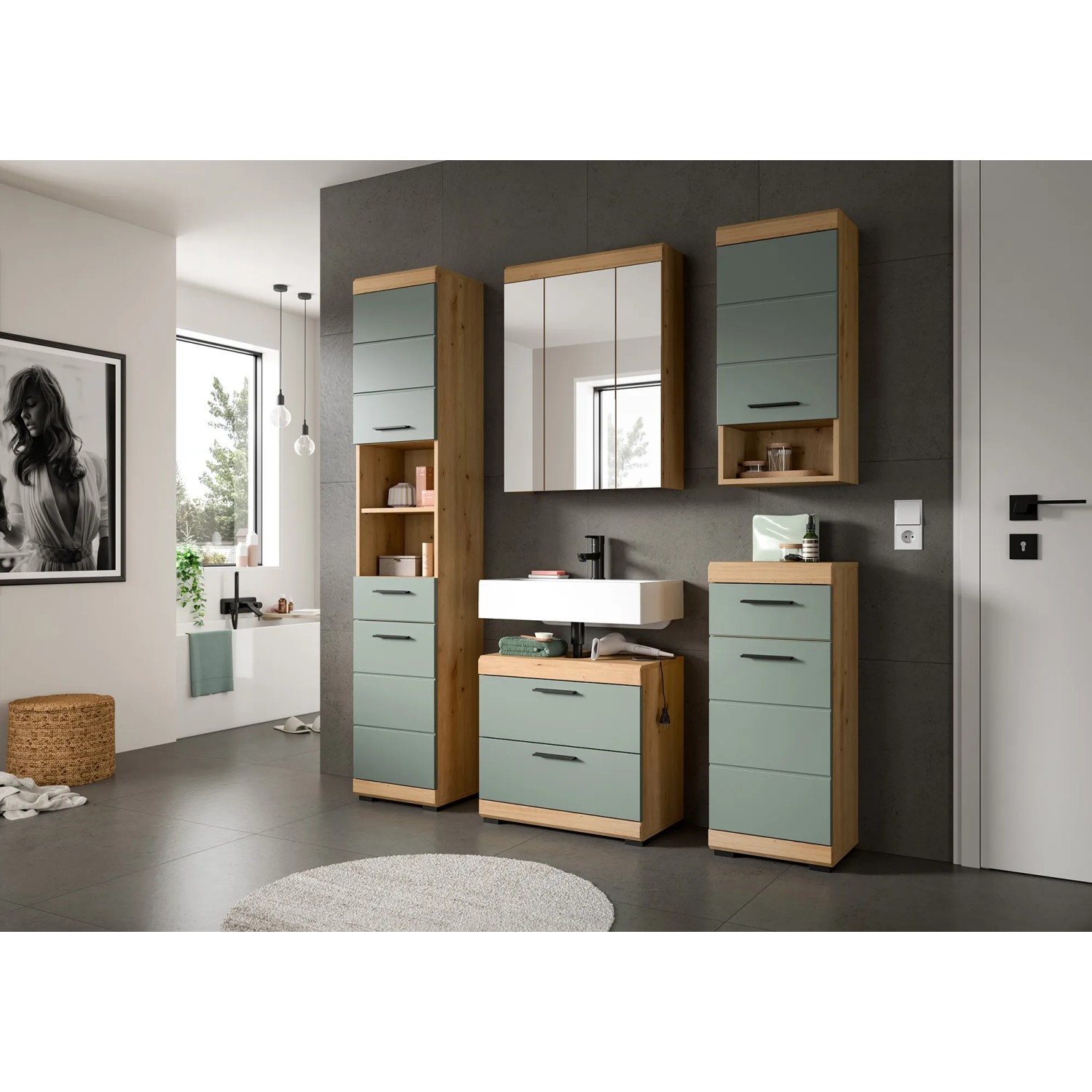 Waschbeckenunterschrank in Salbei mit Schubladen, 60 cm breit, für moderne Badezimmer.
