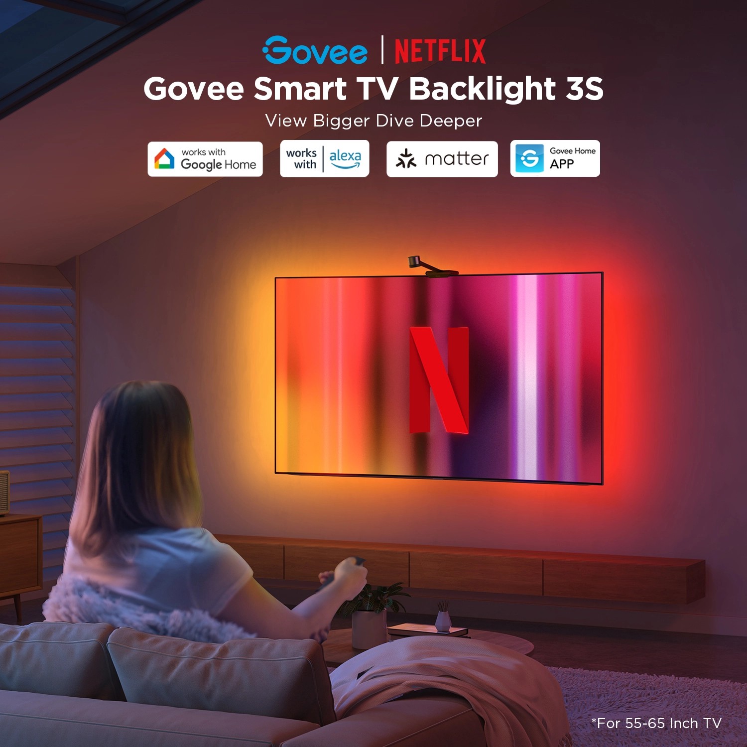 Govee X Netflix TV-Hintergrundbeleuchtung 3S (55-65 Zoll) mit RGBICW und intelligenter Kamera für Farbübertragung.