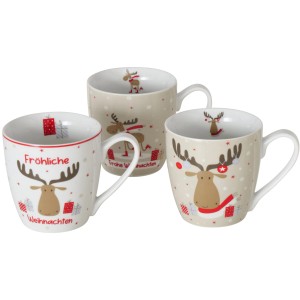 Boltze Jumbobecher Joey, 3-fach sortiert, mit Elch-Motiv, Weihnachtsdekoration.