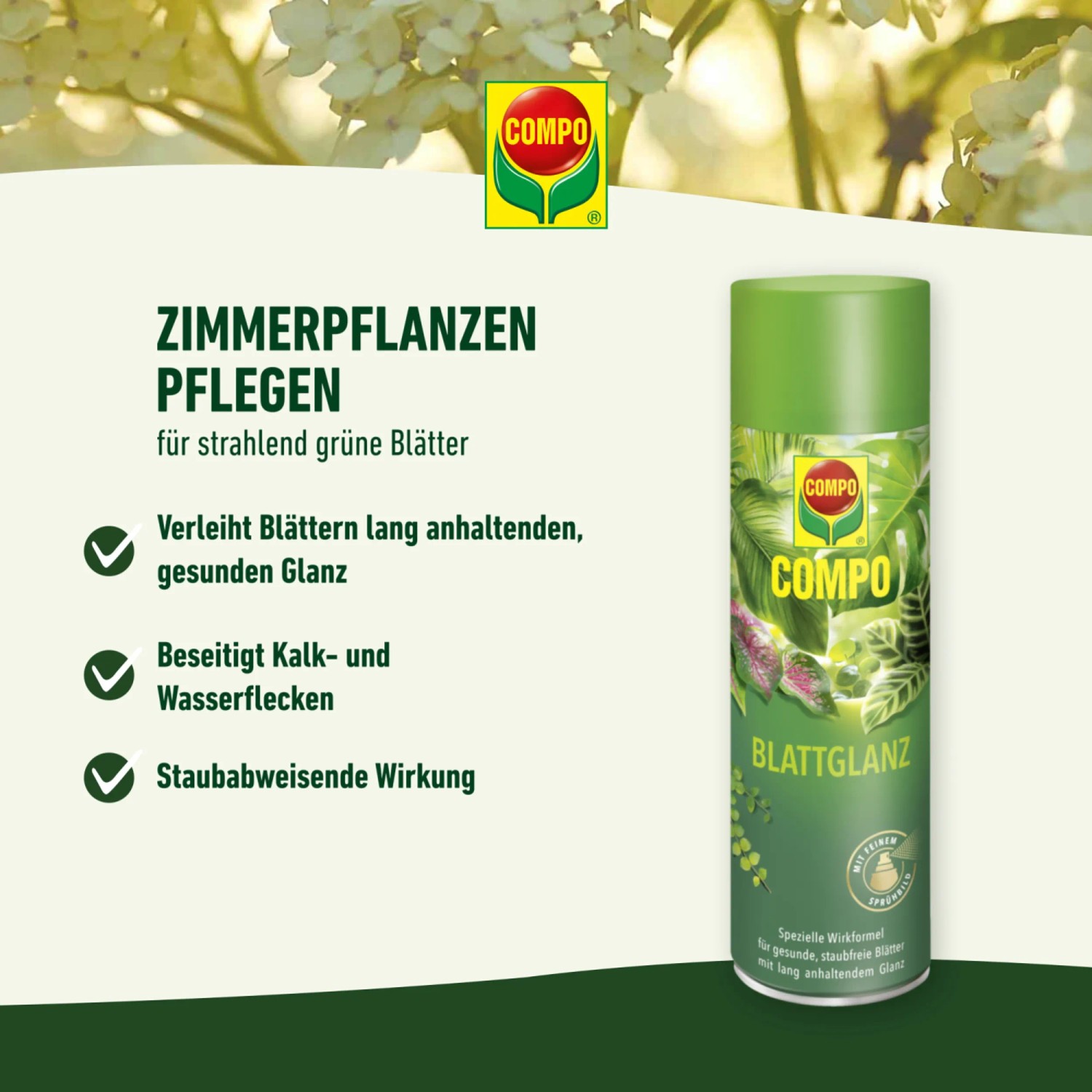 Compo Blattglanz 300ml für glänzende, gesunde Blätter und staubabweisende Wirkung.