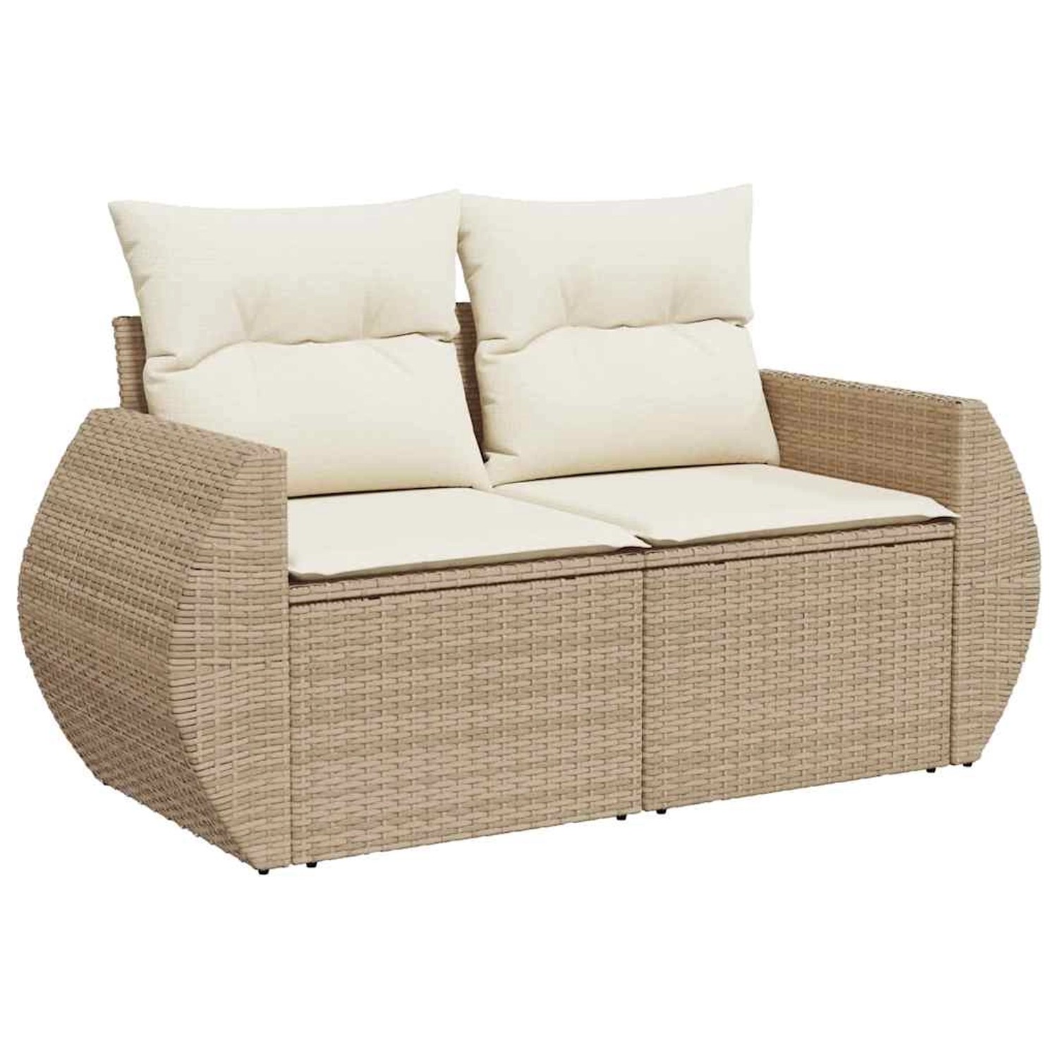 Beige 2-Sitzer Garten-Sofagarnitur aus Poly Rattan mit cremefarbenen Kissen.