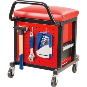 Werkstatt-Sitz mit rotem Kunstlederbezug, Werkzeugwand und Rollen. Ideal für Werkstatt und Garage.