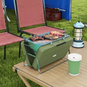 Outsunny Tischgrill im Kofferdesign mit Grillrost aus Edelstahl, befüllt mit Grillgut.