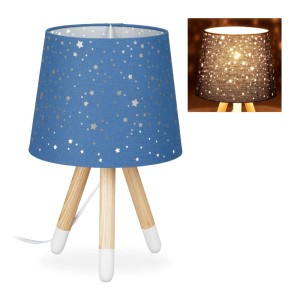 Relaxdays Tischlampe Stoff Eschenholz Kunststoff Blau mit Sternen und 3 Beinen 40 cm x 25,5 cm 0,7 kg