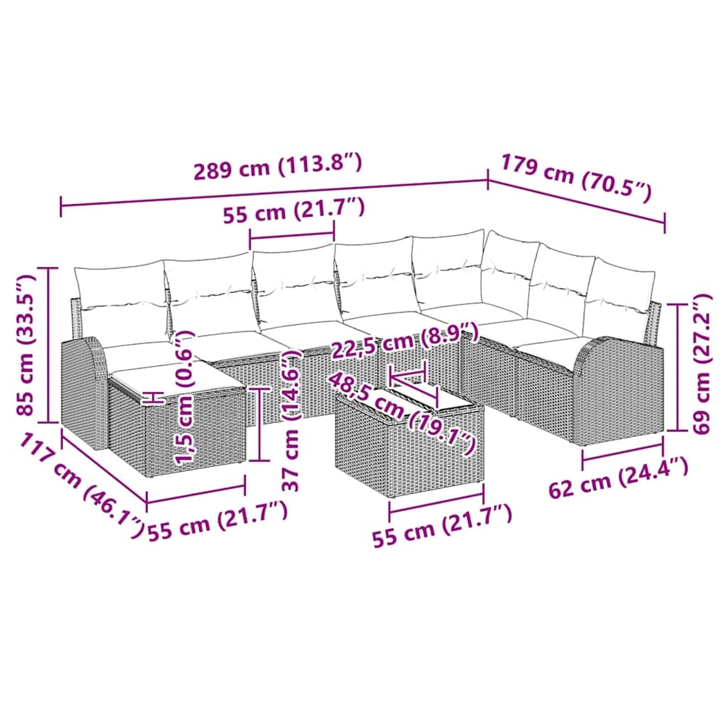 Beige-weißes 9-tlg. vidaXL Garten-Sofa-Set aus Polyrattan mit Kissen und Tisch. Gartenmöbel für 8 Personen.