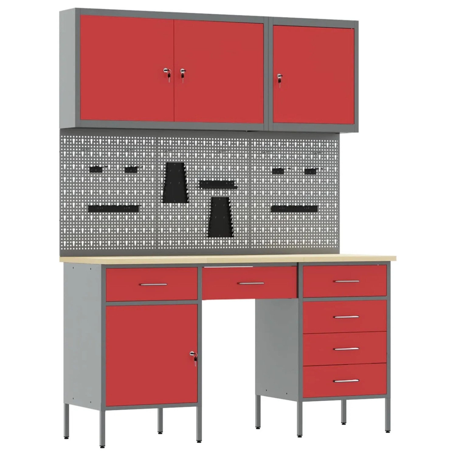 vidaXL Werkbank mit Schubladen 8-Tlg Rot Ingenieure Holz und Stahl 3321465