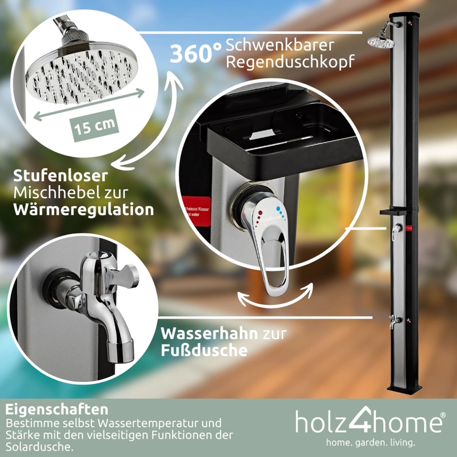 holz4home Solardusche mit Wasserspeicher für Garte Pool und Camping