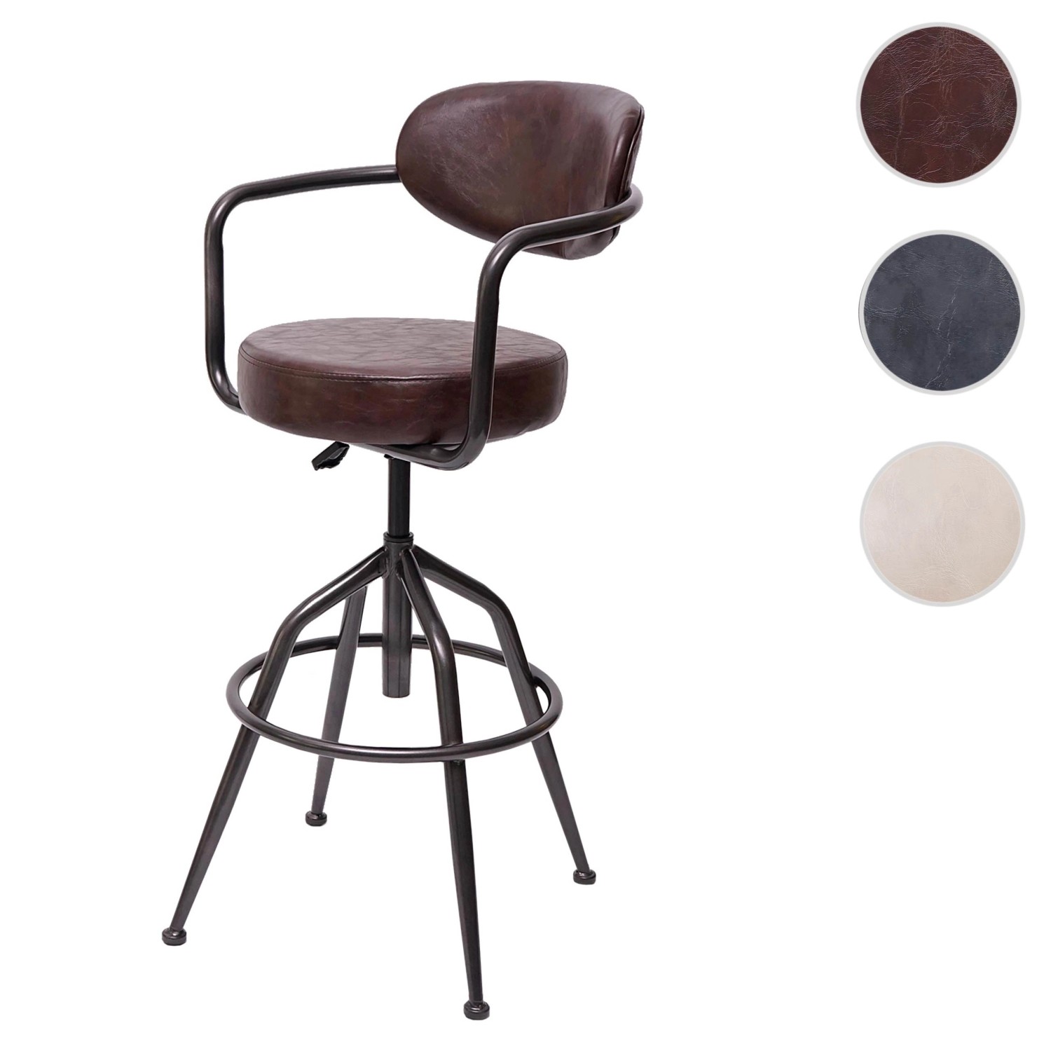 MCW Barhocker H10f Vintage Braun mit Armlehnen und Fußablage. Höhenverstellbarer Sitzhocker im Industrial Style.