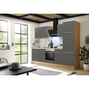 Moderne Respekta Küchenzeile Marleen 280 cm in Artisan-Eiche und Grau Matt mit E-Geräten.