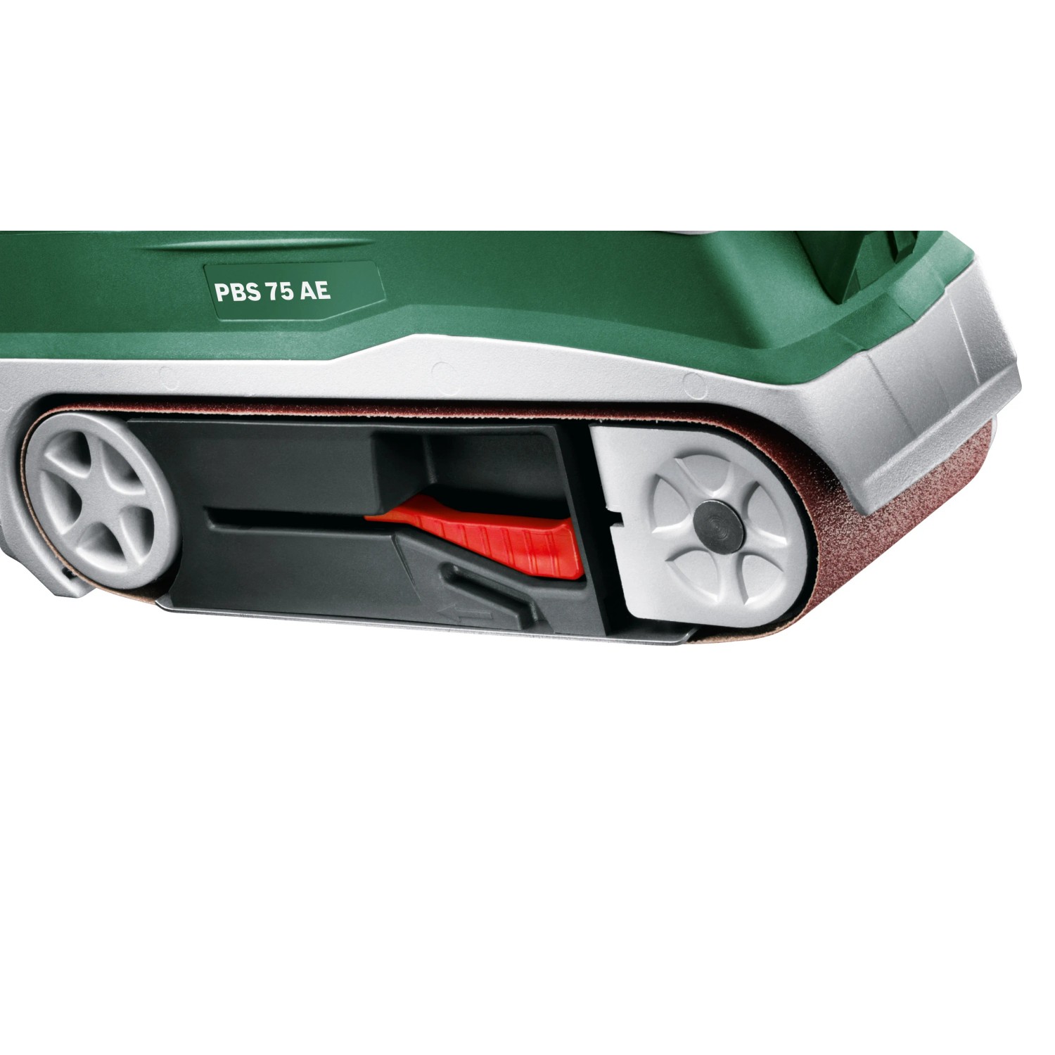 Detailaufnahme Bosch Bandschleifer PBS 75 AE Set, Schleifband und Bedienelemente sichtbar.