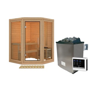 Karibu Sauna "Ebba" mit 9 kW Ofen, naturbelassen. Massivholzsauna mit Glaselementen und Ofen.