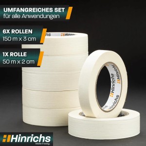 Hinrichs Kreppband Set, 7 Rollen (6x 50m x 30mm, 1x 50m x 20mm), für Farben- & Tapetenzubehör.