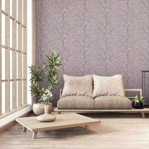 Asiatische Vliestapete mit floralem Kirschblütenmuster in Grau und Rosa für Schlafzimmer.