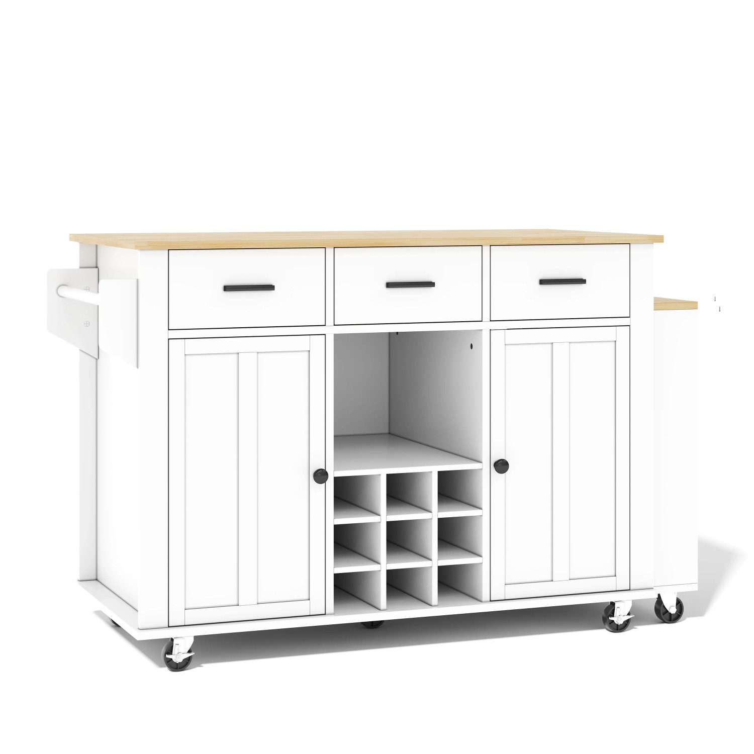 Merax Mobile Kücheninsel mit Ausziehplatte  3 Schubladen  Weinregal  USB  Rollen 136x50x93cm