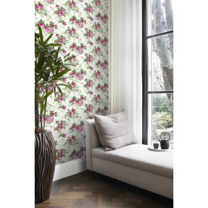 Romantische Vliestapete mit Rosen in Rosa von Origin Wallcoverings für Wohn- und Schlafzimmer.