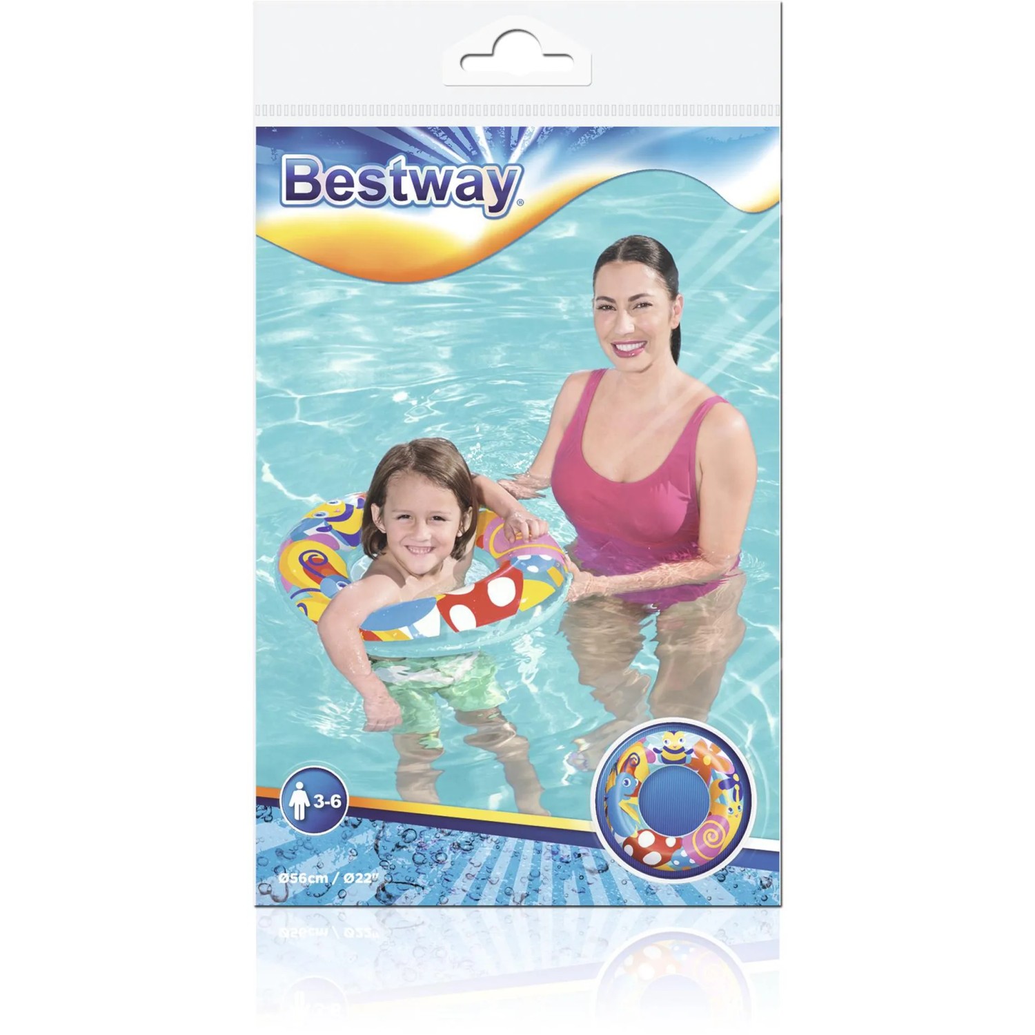 Bestway Schwimmring Aquarium, Ø 56 cm, mit Kind im Wasser. Bunter Schwimmreifen für Badespaß.