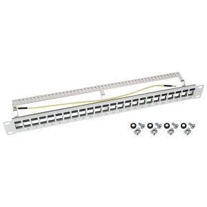 HMF 66446-07 STP Keystone-Patchpanel für Serverschrank 19 Zoll 1 HE 24 Ports RJ45 Geschirmt Lichtgrau