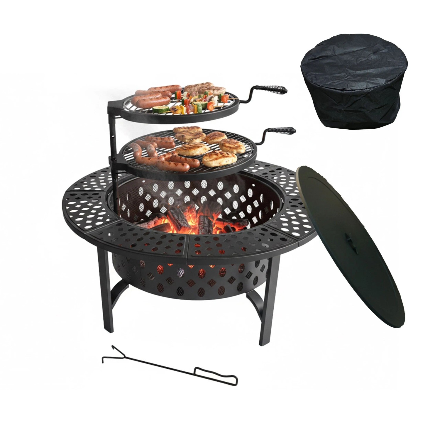 Relaxdays Feuerschale Stahl Schwarz mit 2 Grillrosten Schwenkbar Höhenverstellbar 71 cm x 92 cm 13,4 kg