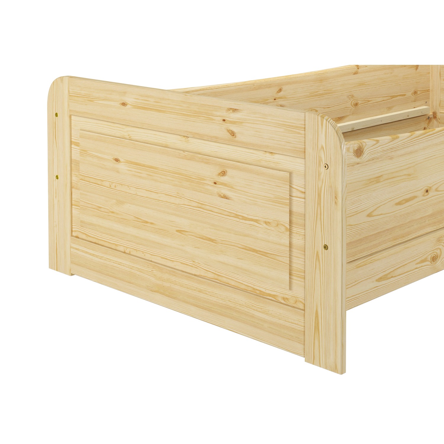 Detailansicht Seniorenbett aus Kiefer Massivholz, 100x200 cm, ohne Lattenrost.