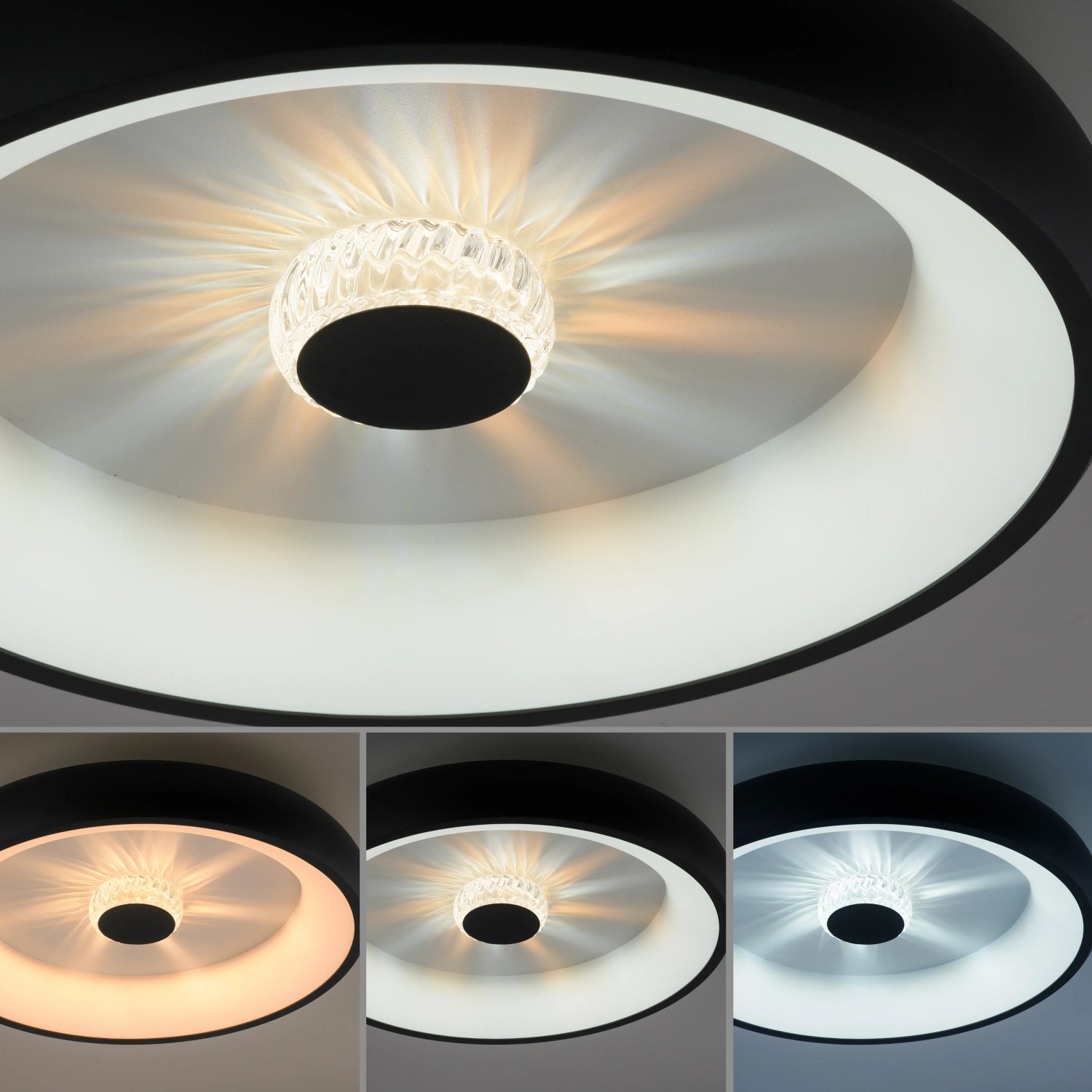 Schwarze LED-Deckenleuchte Vertigo, Ø 46,5 cm, mit Kristall-Effekt und einstellbarer Lichtfarbe.