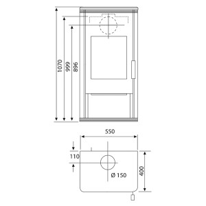 Technische Zeichnung Wamsler Trion-H Kaminofen Stahl Grau 8 kW mit Maßen.