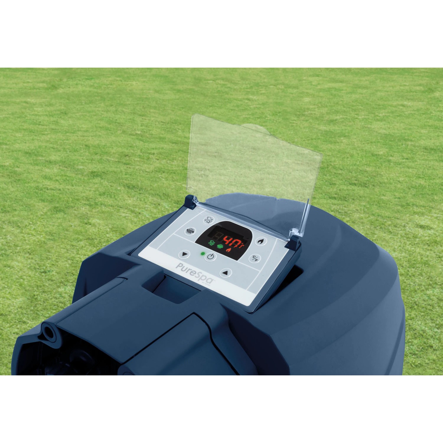 Detailaufnahme des Bedienfelds vom Intex PureSpa Plus Bubble Massage Set mit Temperaturanzeige.