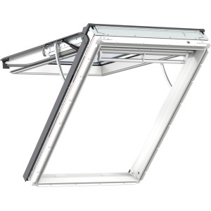 Geöffnetes Velux Integra Elektrofenster GPU SK08, 114x140 cm, mit Zubehör für Dachfenster.