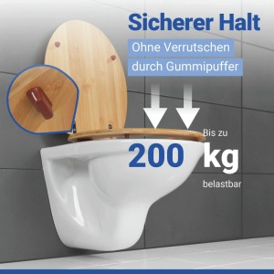 Wenko WC-Sitz aus hellem Bambus auf Toilette, mit Gummipuffern für sicheren Halt, bis 200 kg belastbar.
