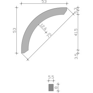 Technische Zeichnung: Skan Holz Kopfband, rund, 8x5,5x75 cm, Natur, für Carport-Zubehör.
