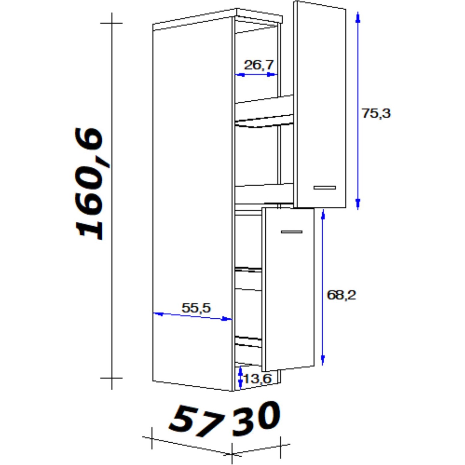 Maßzeichnung Flex-Well Exclusiv Demi-Apothekerschrank Vintea, 30cm, Magnolie/Eiche, mit Maßen.