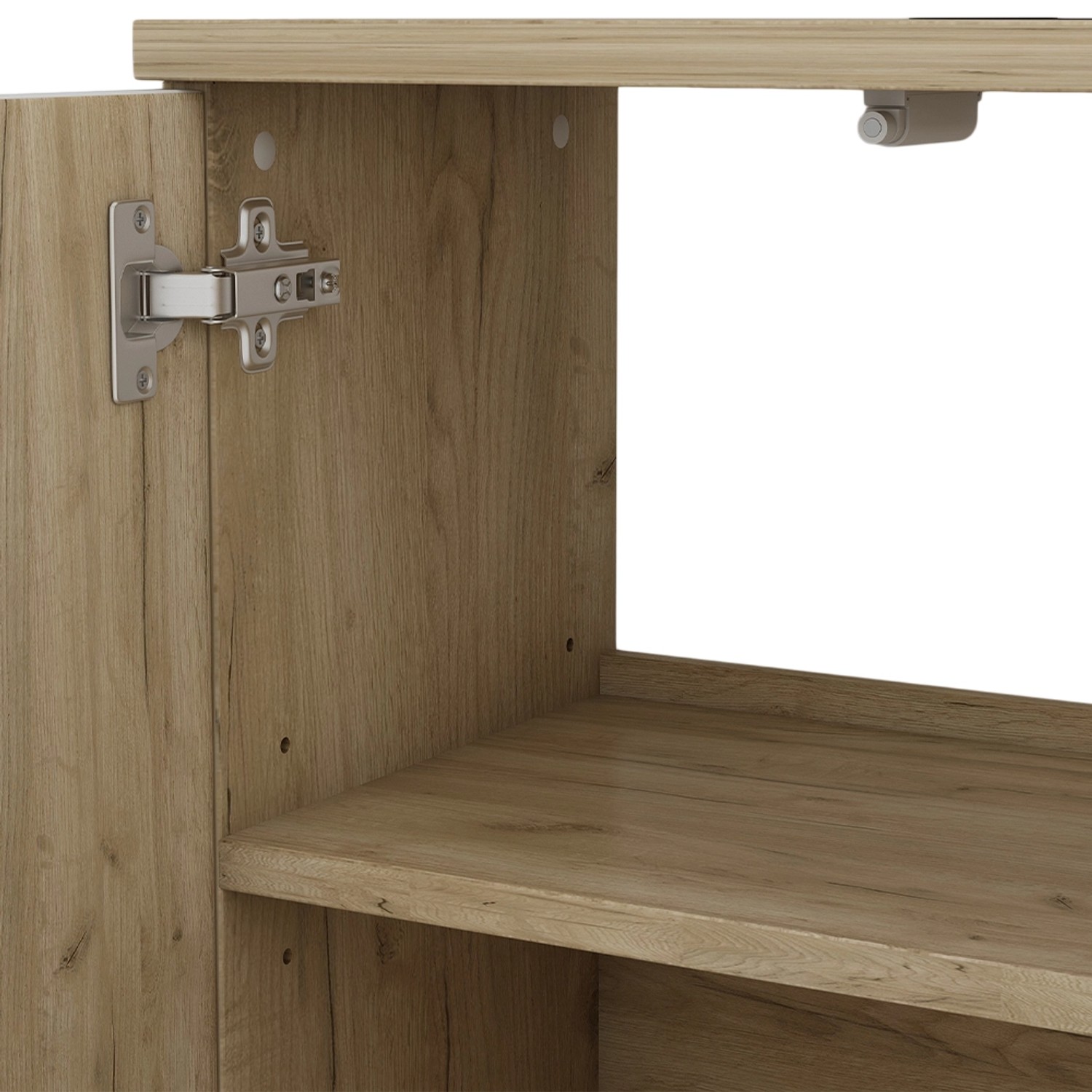 Detailaufnahme: Vicco Waschbeckenunterschrank Edge, weiß/Eiche, mit Türscharnier.