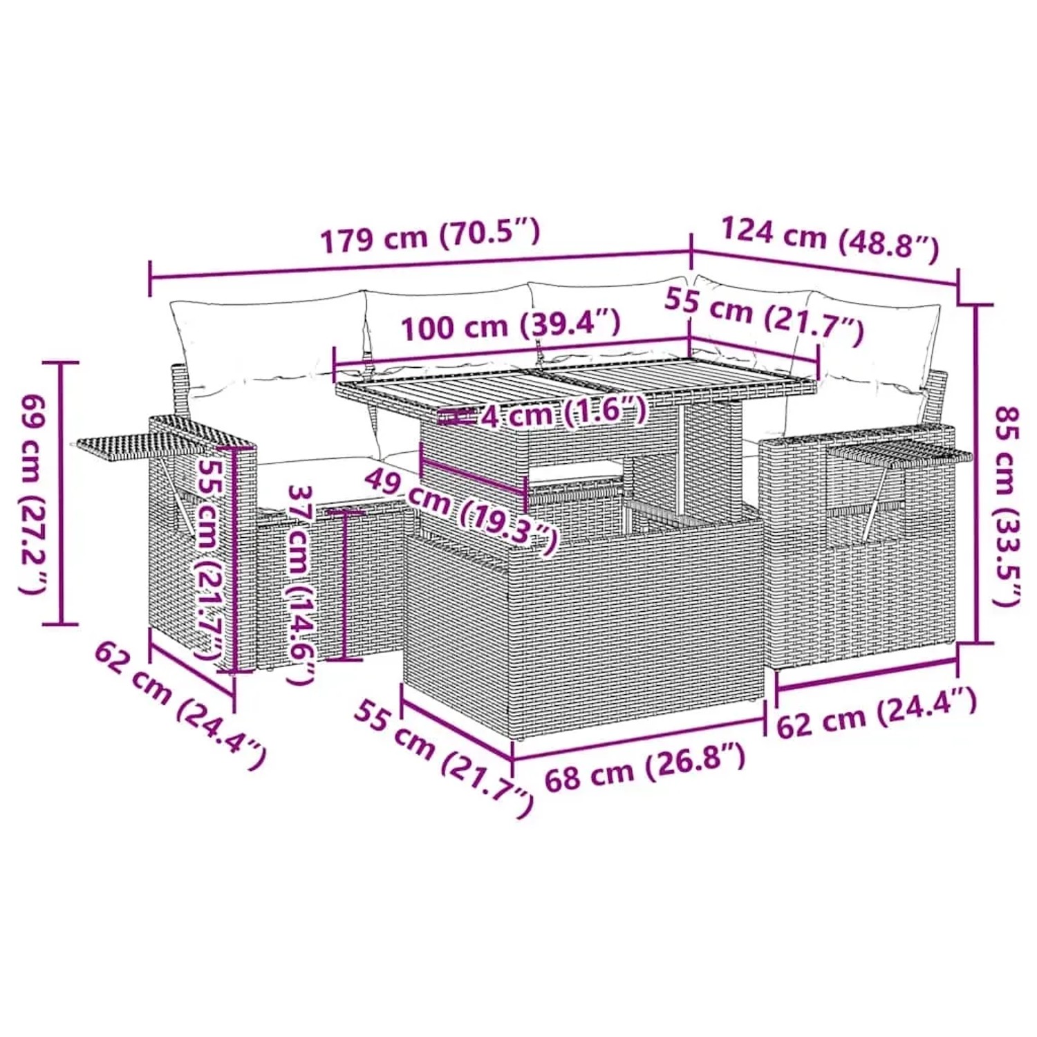 vidaXL 5-Tlg. Garten-Sofagarnitur, schwarzes Poly Rattan, mit Maßangaben.