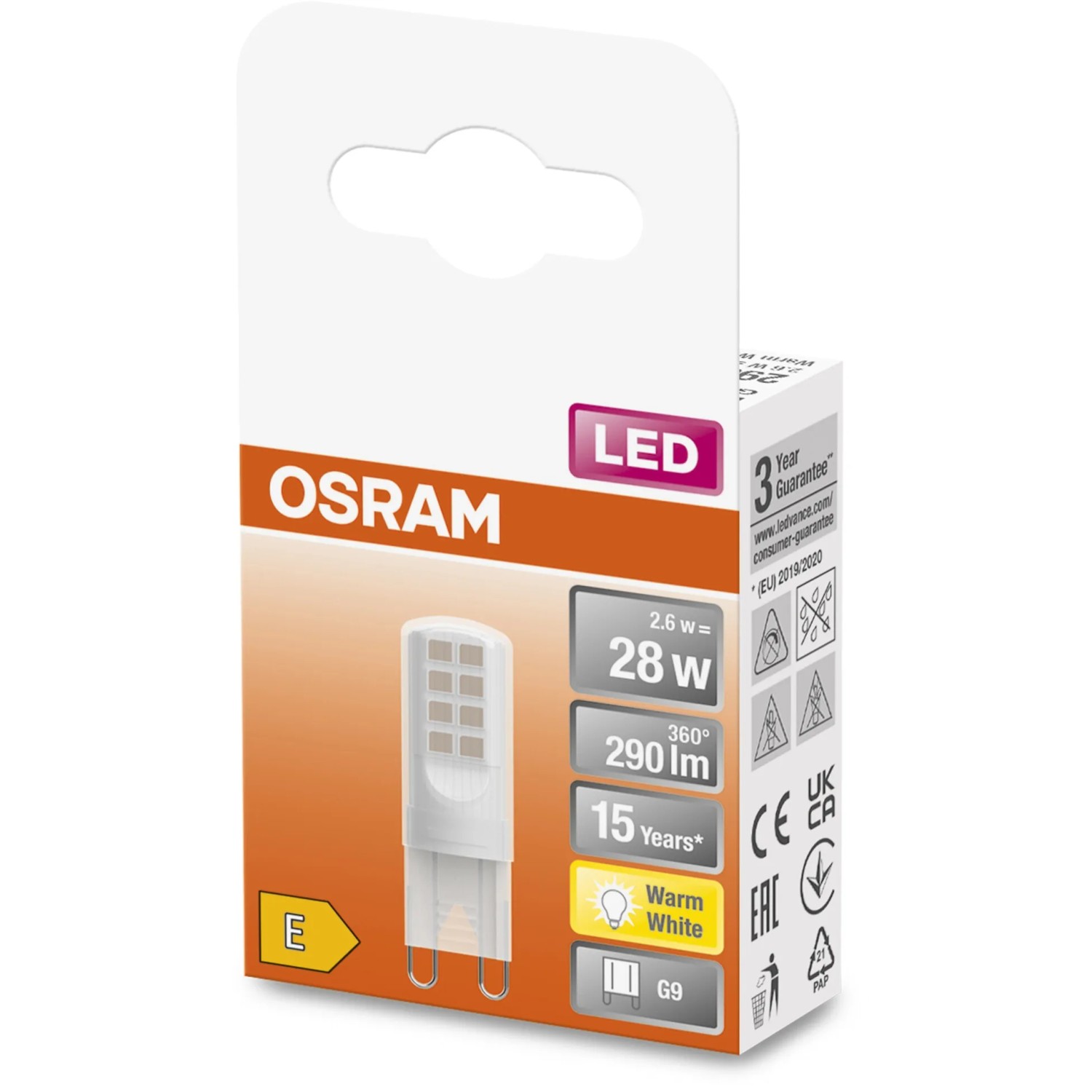Osram LED-Leuchtmittel G9, 2,6W, warmweiß. Kompakte LED Lampe in Verpackung.