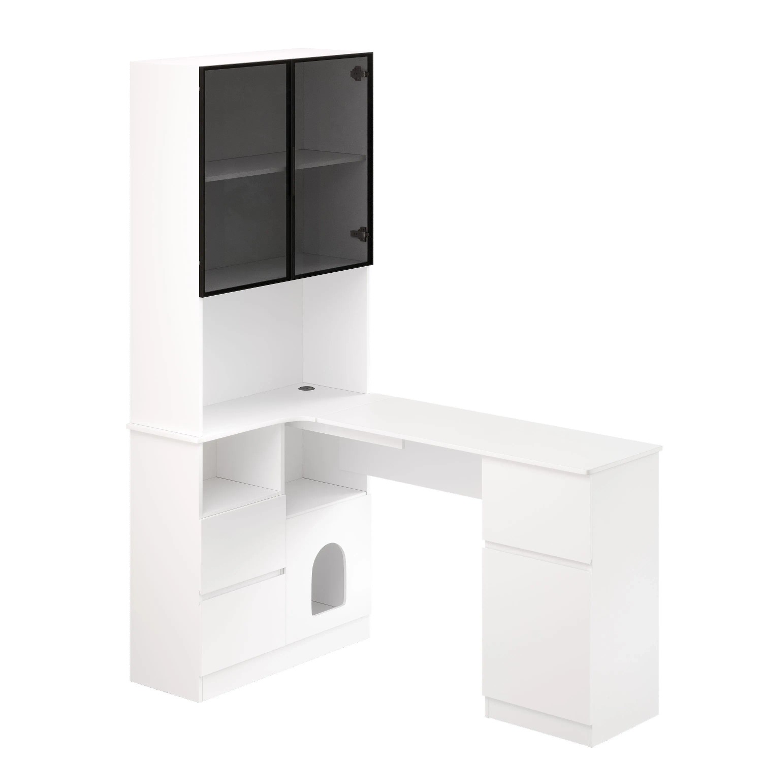okwish Eckschreibtisch mit Regal LED Vitrine Haustierfach Homeoffice 120x80 cm Weiß
