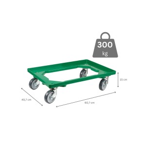Grüner PROREGAL Transportroller für Euroboxen, 60x40 cm, mit 4 Lenkrollen und Gummiräder, Traglast 300 kg.