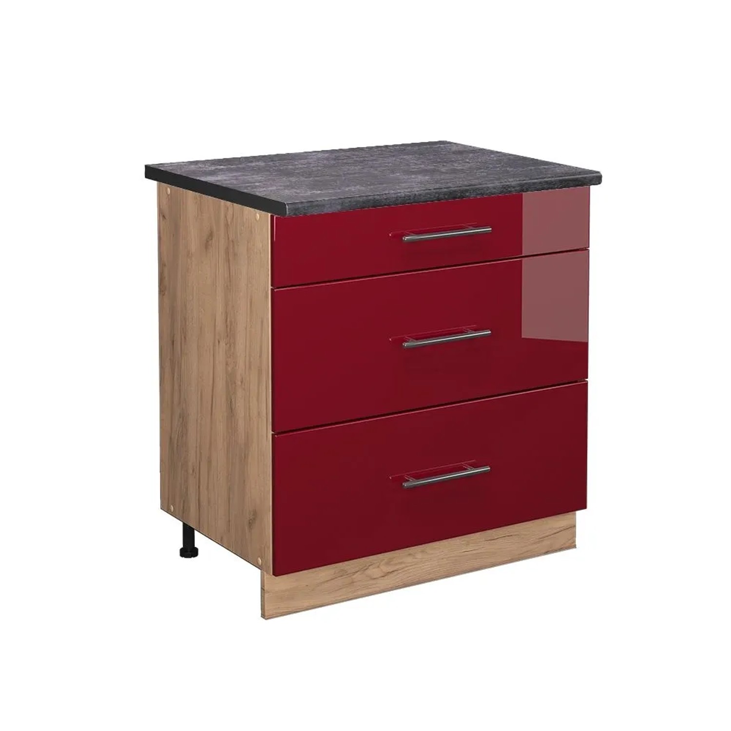 Vicco Küchenunterschrank Fame-Line Bordeaux Hochglanz Goldkraft Eiche 80 cm mit 3 Schubladen AP Anthrazit