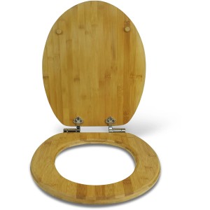 Sanfino WC-Sitz aus dunklem Bambus mit Absenkautomatik, geöffnet.
