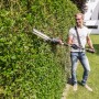 Mann schneidet Hecke mit Al-Ko Akku-Hochheckenschere HTA 1845. Inkl. Akku, kompatibel mit Bosch.